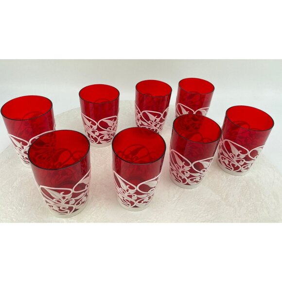 Vintage 70s tumblers, KH Hong Kong red plastic tumblers, filigree sleeves - Picture 5 of 10